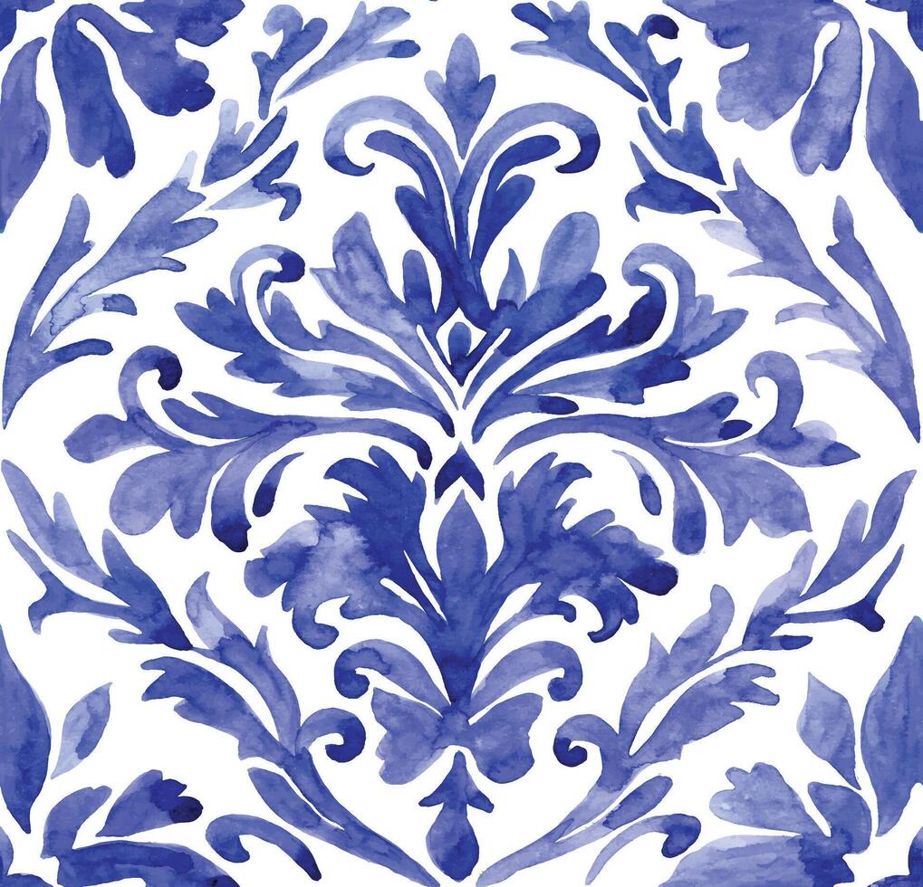 waterverf naadloos patroon met blauw damast ornament. klassiek wijnoogst ornament vector