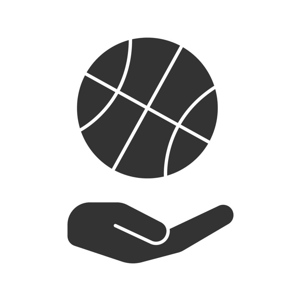 open hand met basketbal bal glyph icoon. winkel in sportartikelen. silhouet symbool. uitnodiging voor basketbalspel. negatieve ruimte. vector geïsoleerde illustratie