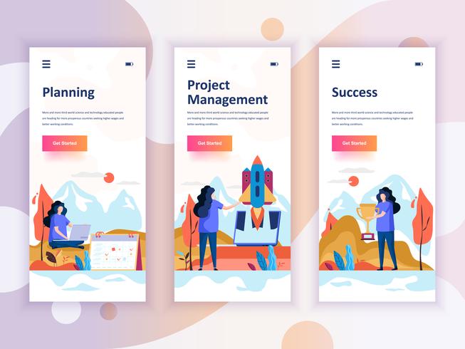 Set van onboarding schermen gebruikersinterfaceset voor planning, opstarten, succes, mobiele app sjablonen concept. Modern UX, UI-scherm voor mobiele of responsieve website. Vector illustratie.