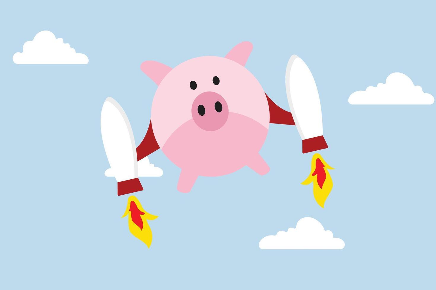 boost financieel verdienen, roze varkentje bank met raket booster vleugel vliegend snel hoog in lucht. vector