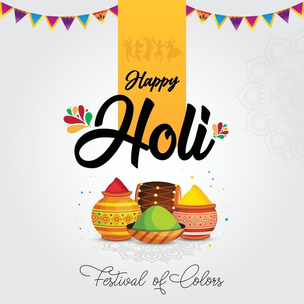 gelukkig holi festival sociaal media post sjabloon met holi poeder kleur kommen. vector illustratie ontwerp.