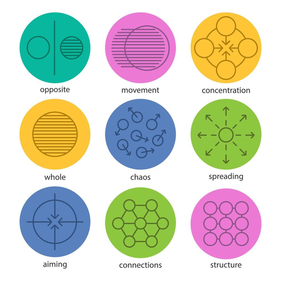 abstracte symbolen lineaire pictogrammen instellen. tegenovergestelde, beweging, concentratie, geheel, chaos, verspreiding, richten, verbindingen, structuur. dunne lijn overzichtssymbolen op kleur cirkels. vectorillustraties vector