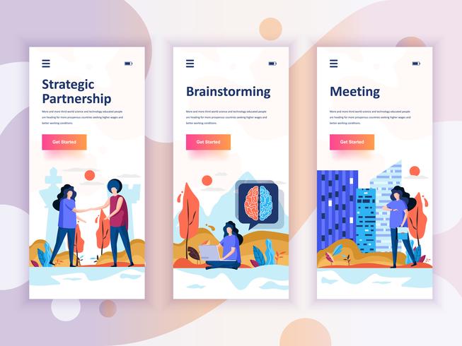 Set van onboarding schermen gebruikersinterfaceset voor Partnership, Brainstorming, Meeting, mobiele app-sjablonen concept. Modern UX, UI-scherm voor mobiele of responsieve website. Vector illustratie.