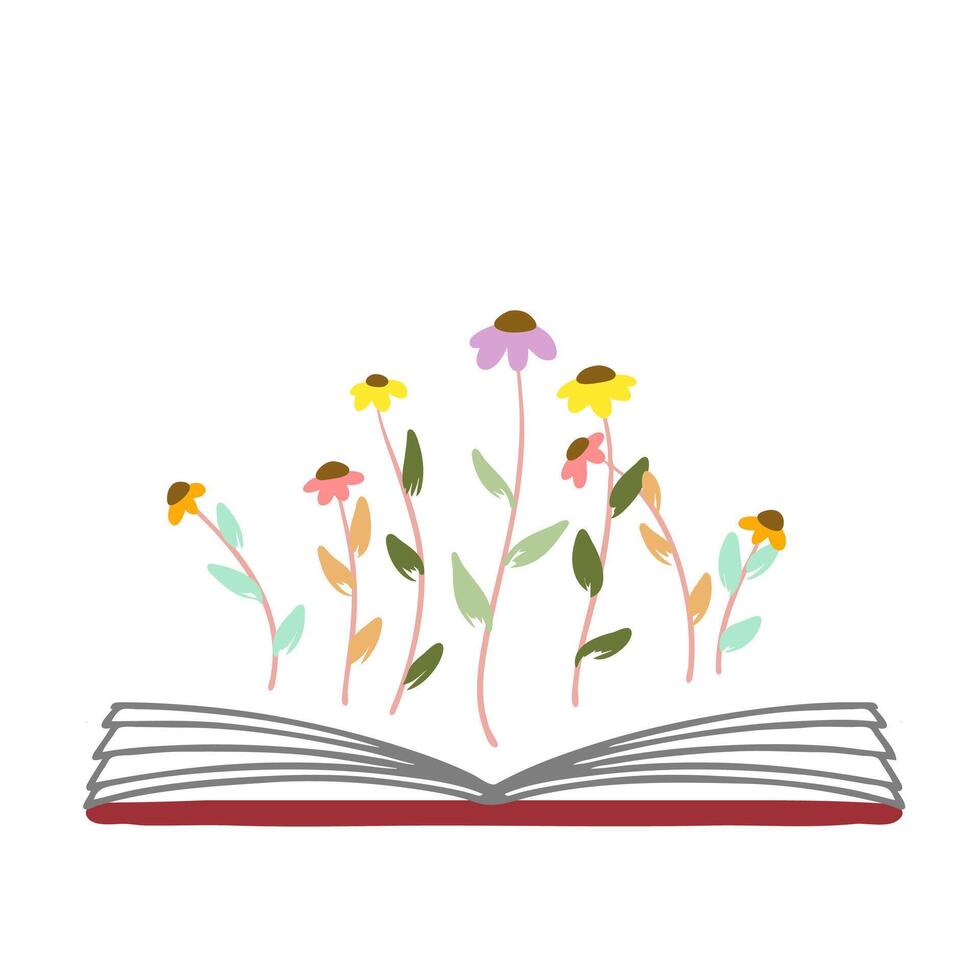 Open boek illustratie met wilde bloemen weide Aan top. kleurrijk clip art vector