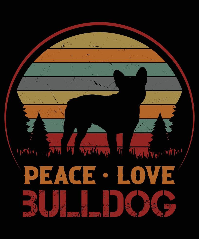 vrede liefde bulldog retro t-shirt ontwerp vector