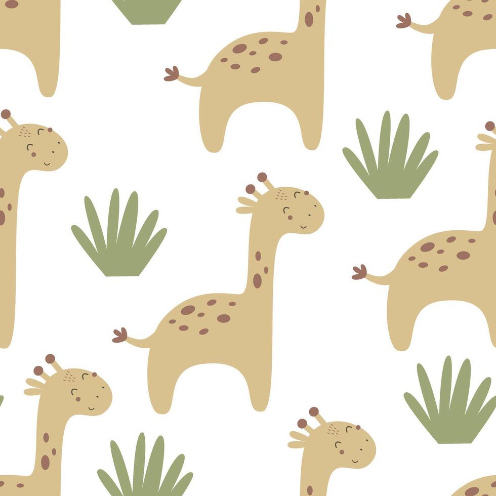 naadloos patroon met tekenfilm giraffe, decor elementen. kleurrijk vector voor kinderen. hand- tekening, vlak stijl. baby ontwerp voor kleding stof, afdrukken, textiel, wikkel