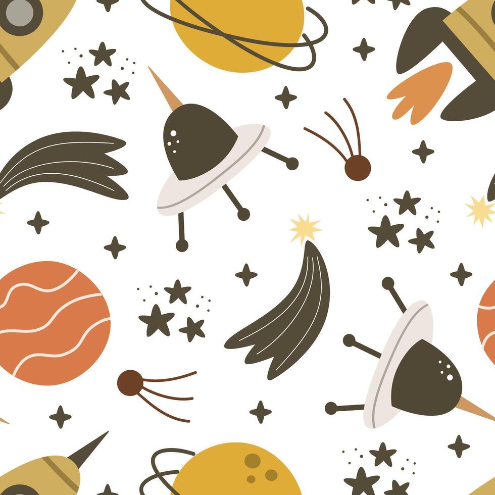 naadloos patroon met tekenfilm planeten, ruimteschip, sterren, decor elementen. kleurrijk vector voor kinderen. ruimte. hand- tekening. baby ontwerp voor kleding stof, afdrukken, wikkel, textiel