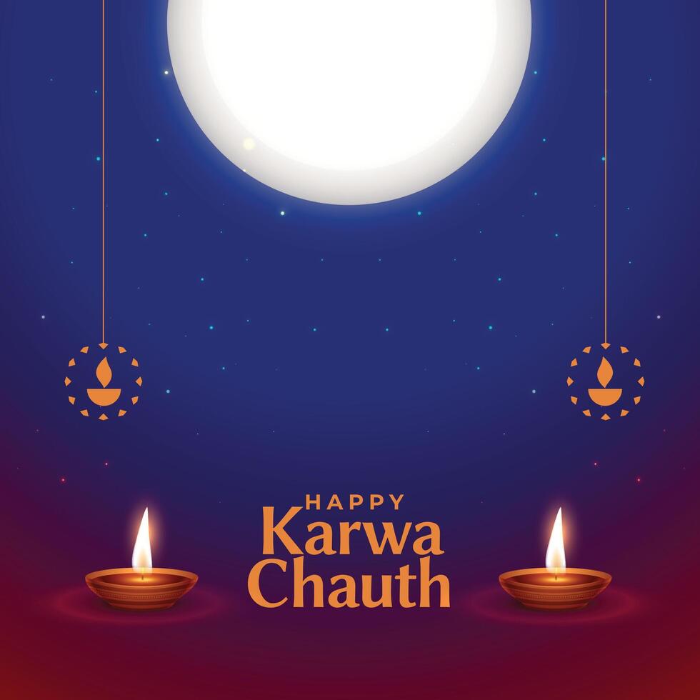 gelukkig karwa chauth decoratief achtergrond met maan en diya vector