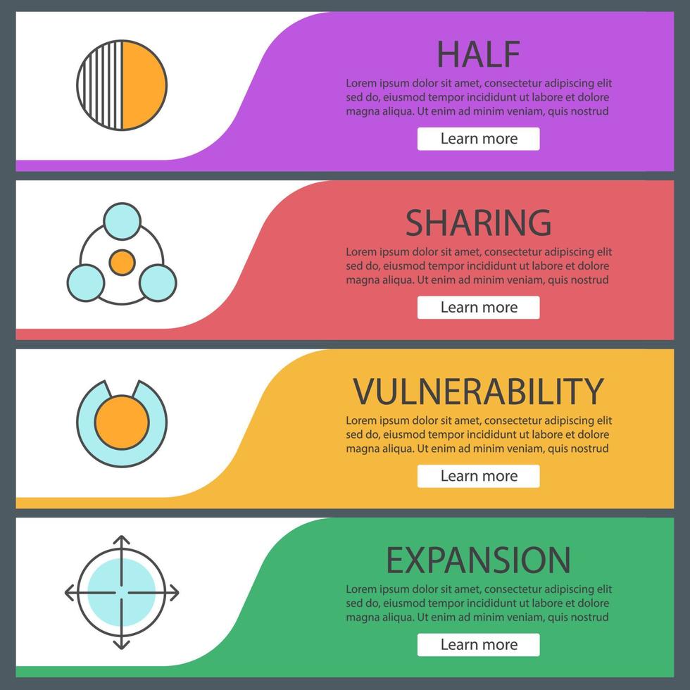 abstracte symbolen webbanner sjablonen instellen. helft, delen, kwetsbaarheid, uitbreidingsconcepten. website kleur menu-items. ontwerpconcepten voor vectorkoppen vector