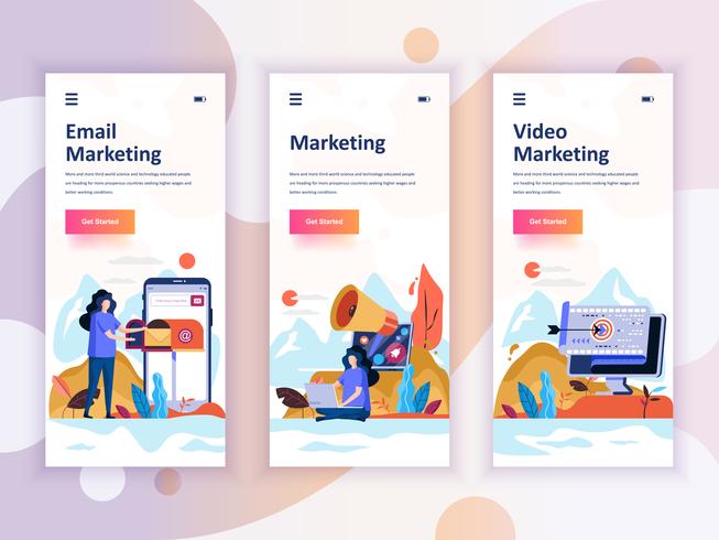 Set van onboarding schermen gebruikersinterfacekit voor video, e-mail, digitale marketing, mobiele app sjablonen concept. Modern UX, UI-scherm voor mobiele of responsieve website. Vector illustratie.