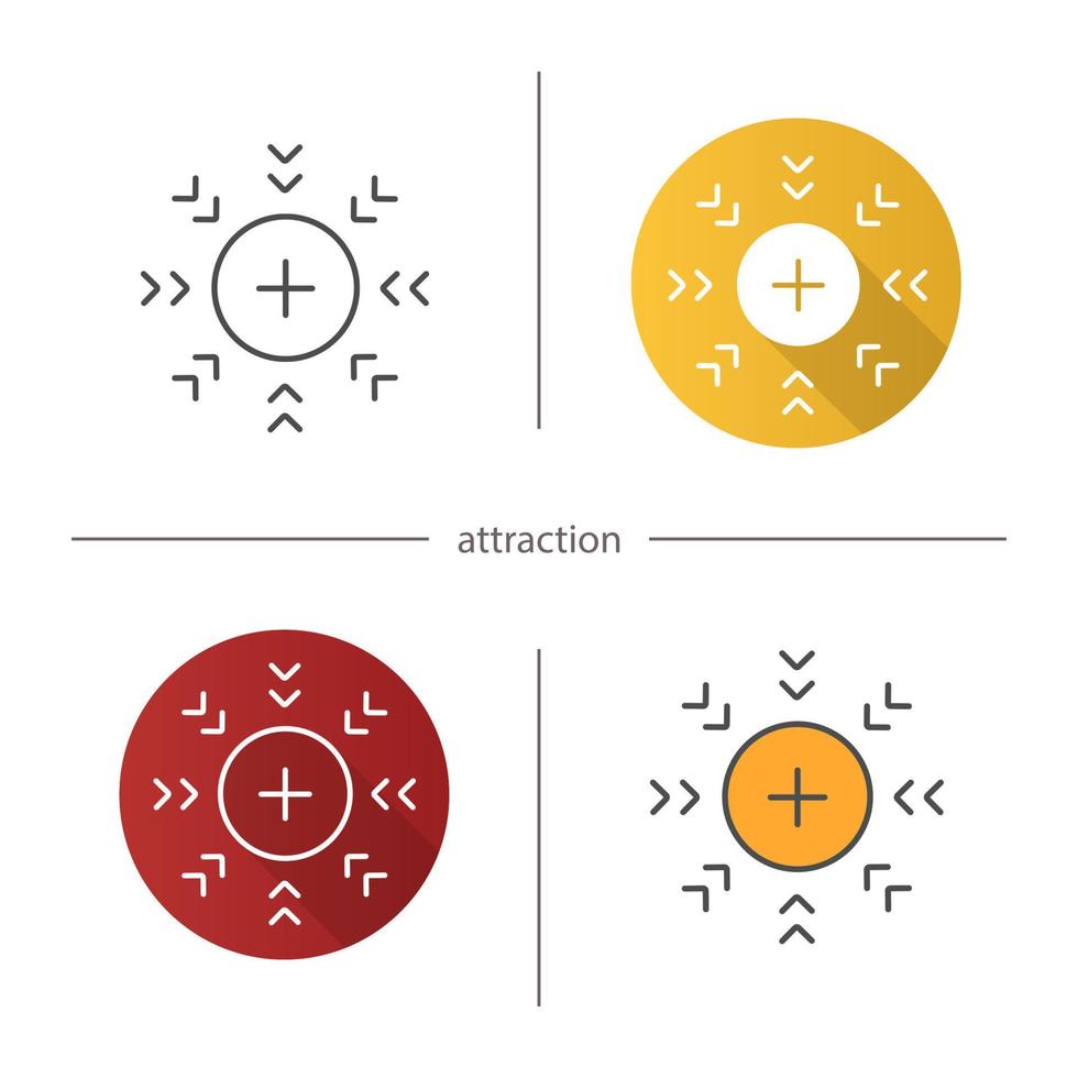 attractie symboolpictogram. plat ontwerp, lineaire en kleurstijlen. positief geladen elektron. geïsoleerde vectorillustraties vector