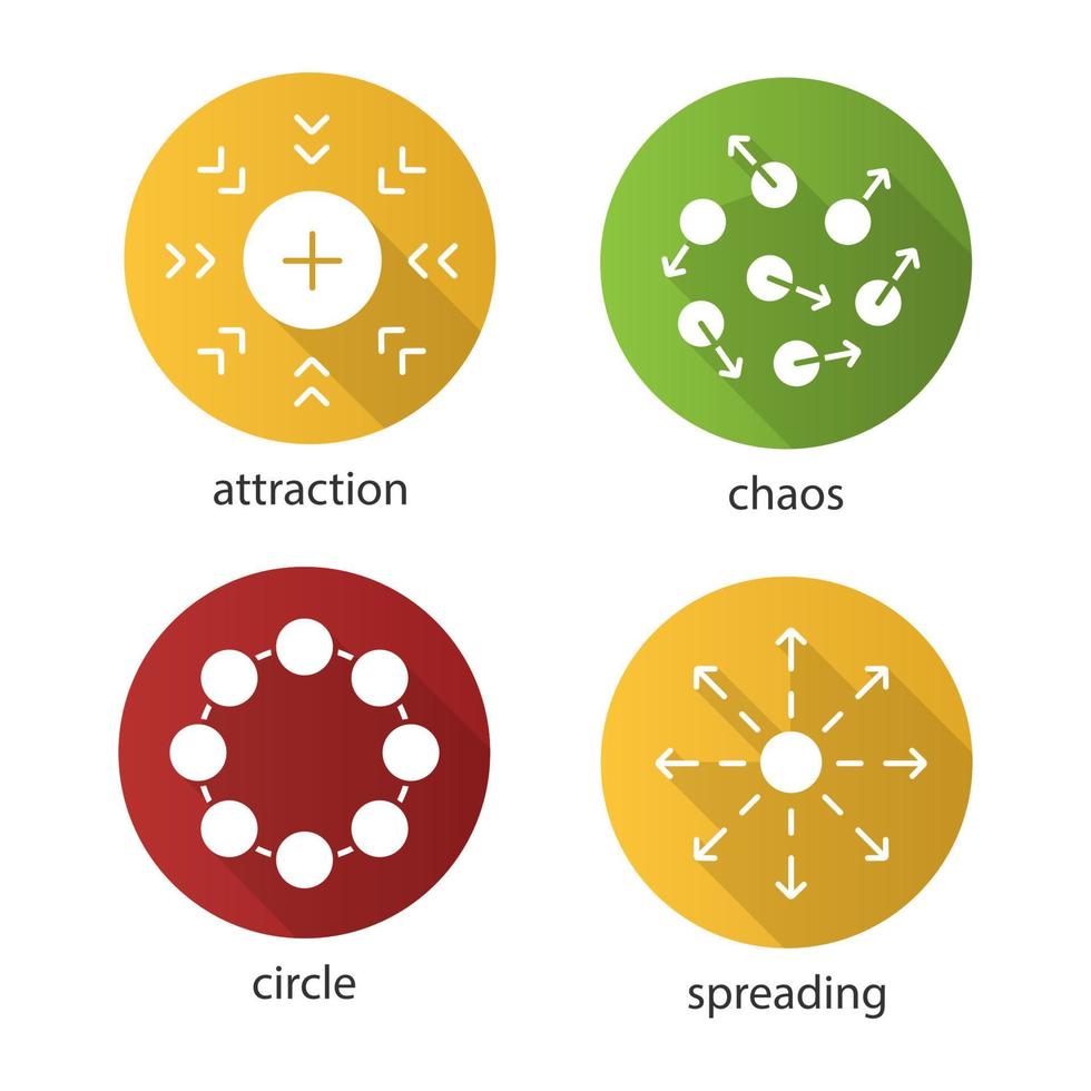 abstracte symbolen platte ontwerp lange schaduw glyph pictogrammen instellen. aantrekkingskracht, chaos, cirkel, concepten verspreiden. vector silhouet illustratie