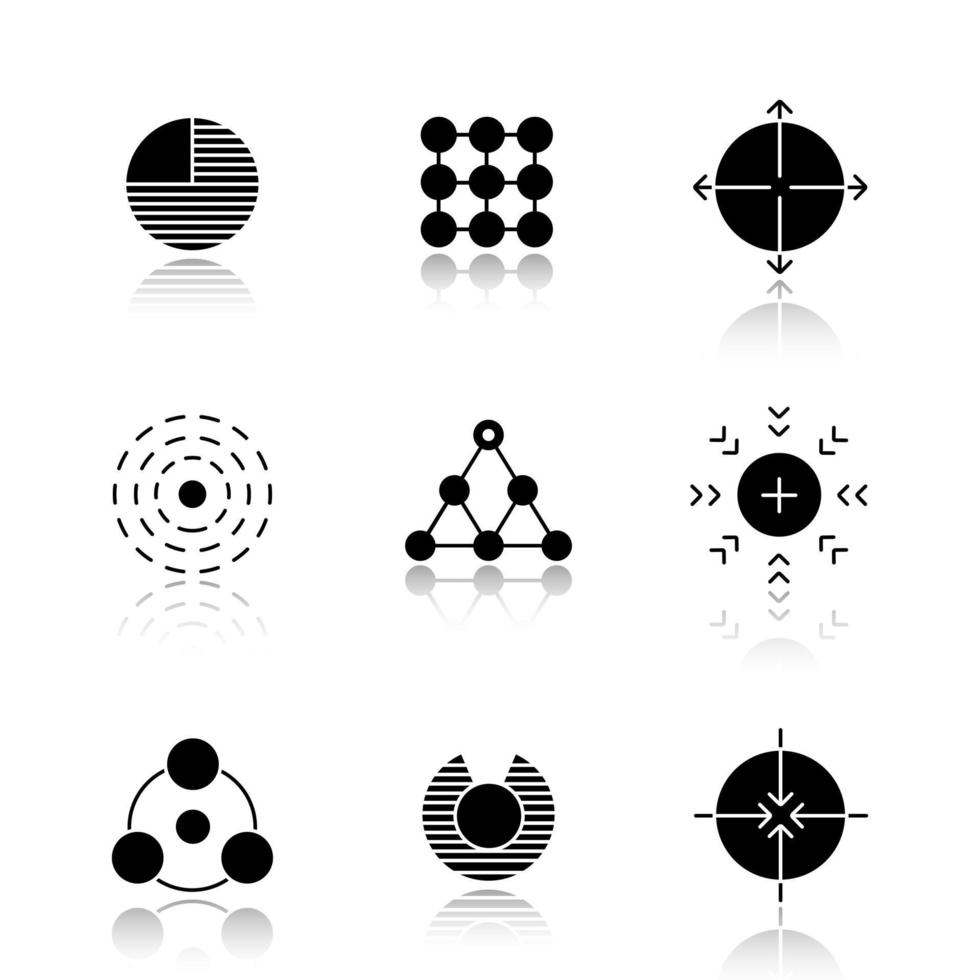 abstracte symbolen slagschaduw zwarte pictogrammen instellen. deel, structuur, uitbreiding, invloed, hiërarchie, aantrekkingskracht, delen, kwetsbaarheid, richtende concepten. geïsoleerde vectorillustraties vector