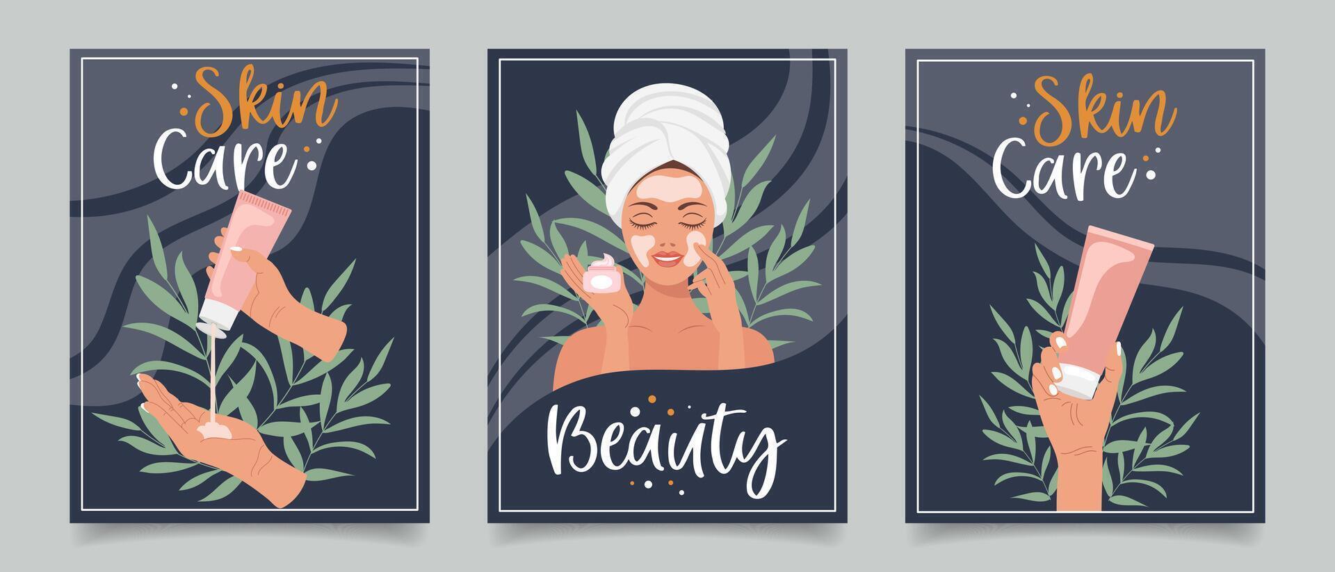 reeks van flyers met vrouw, cosmetica, schoonheid producten. schoonheid, huid zorg, cosmetica, douche concept. illustratie voor banier, kaart, reclame, poster. vector