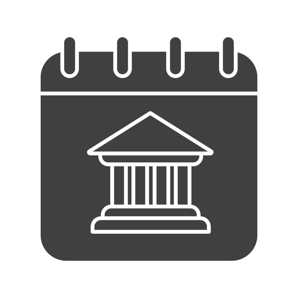kalender- of notitieblokpagina met bankgebouw. glyph-pictogram. silhouet symbool. negatieve ruimte. vector geïsoleerde illustratie