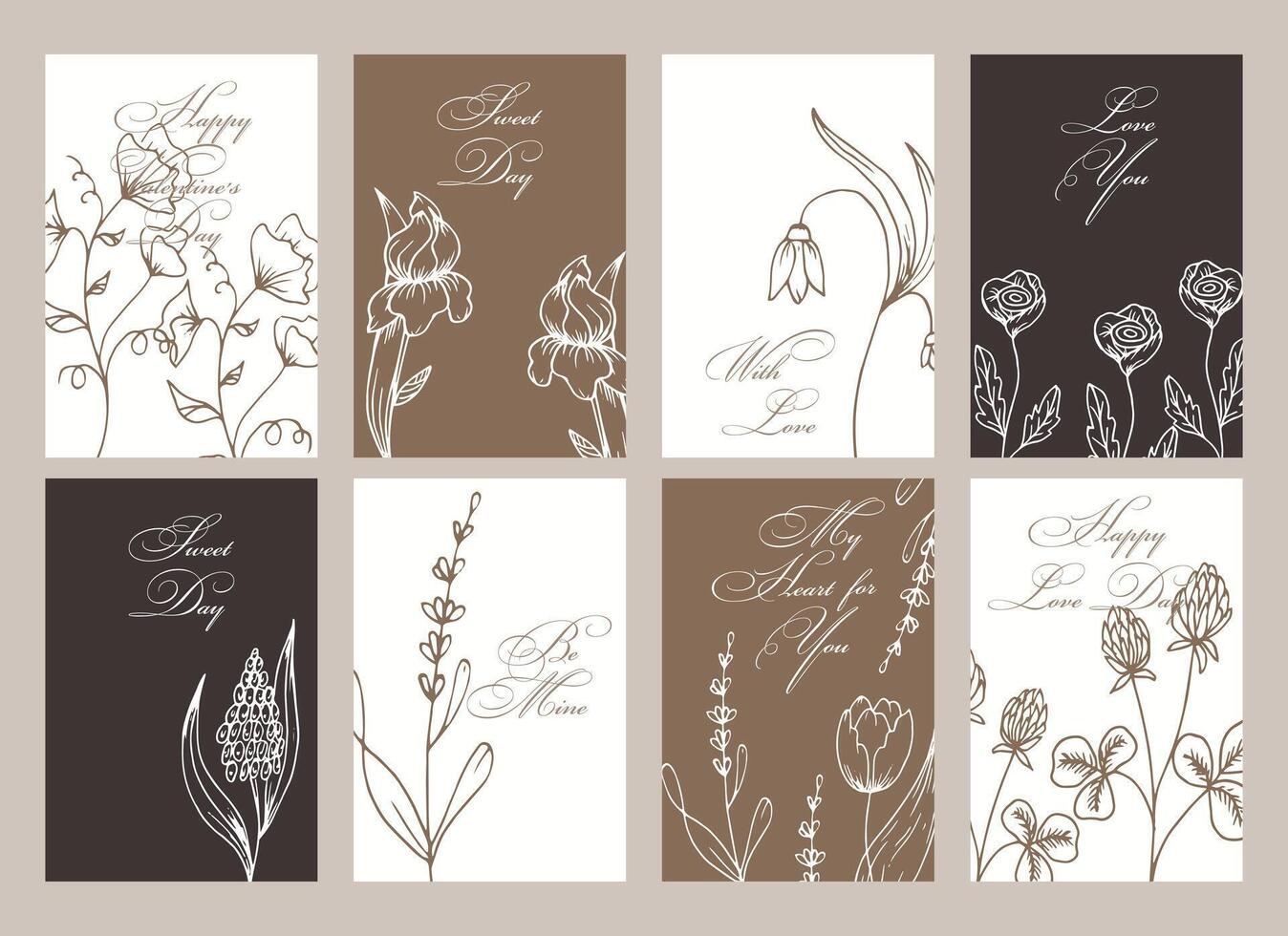 reeks van botanisch kaarten, affiches. lineair bloemen en planten in beige kleuren. Sjablonen, vector