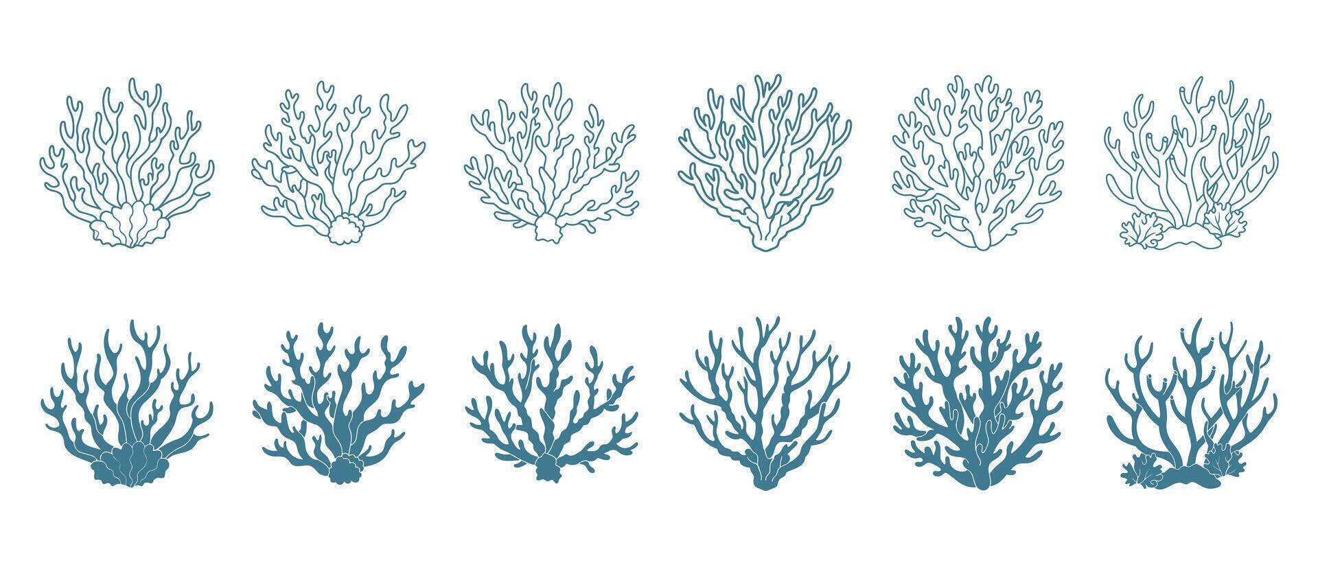 reeks van koraal riffen of zeewier, onderwater- planten. reeks van zee koraal pictogrammen. schetsen, illustratie. vector