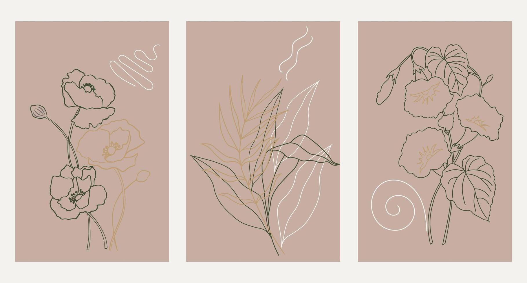 reeks van botanisch kaarten, affiches. silhouet van wild bloemen en planten in beige kleuren. Sjablonen, vector