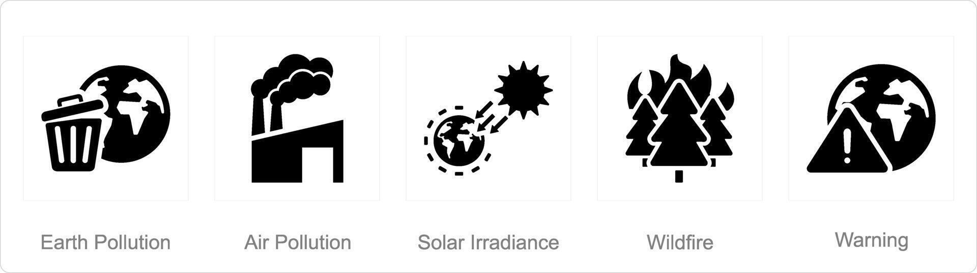 een reeks van 5 klimaat verandering pictogrammen net zo aarde vervuiling, lucht vervuiling, zonne- bestraling vector