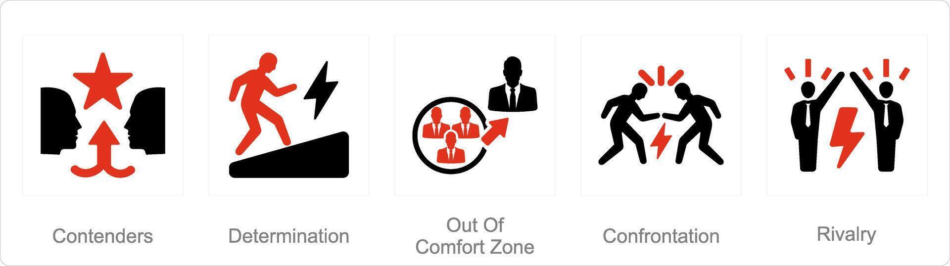 een reeks van 5 uitdaging pictogrammen net zo kanshebbers, bepaling, uit van comfort zone vector