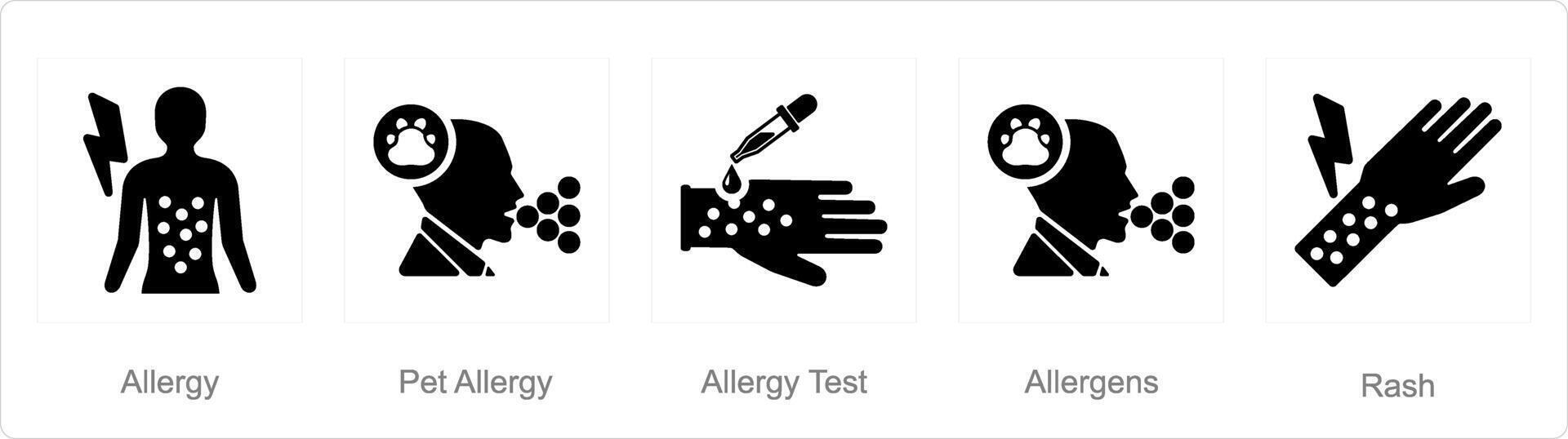 een reeks van 5 allergie pictogrammen net zo allergie, huisdier allergie, allergie test vector