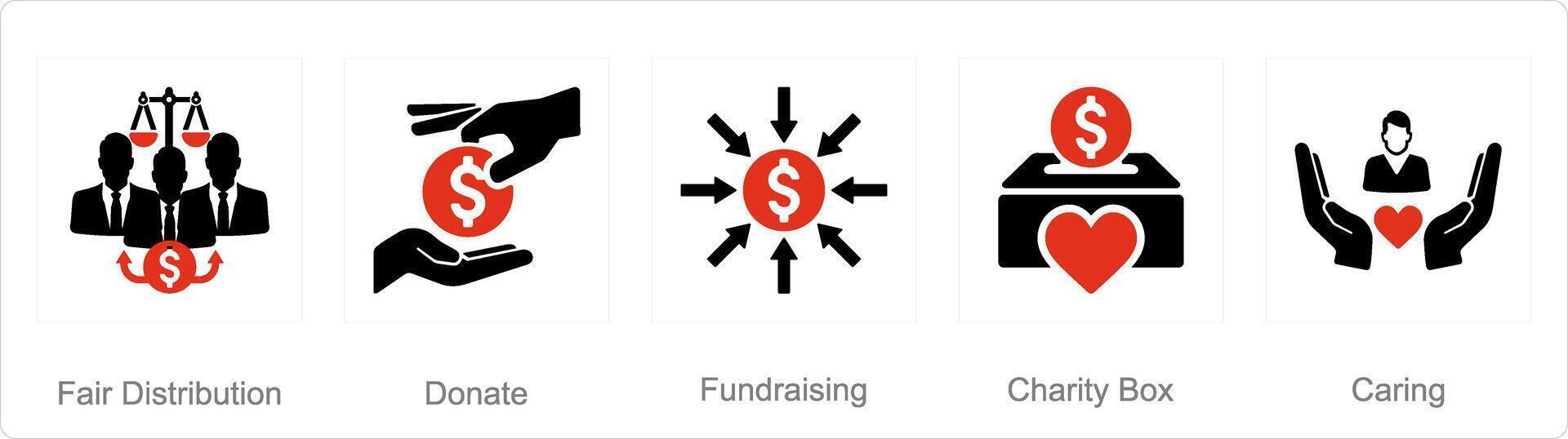 een reeks van 5 liefdadigheid en bijdrage pictogrammen net zo eerlijk verdeling, doneren, fondsenwerving vector