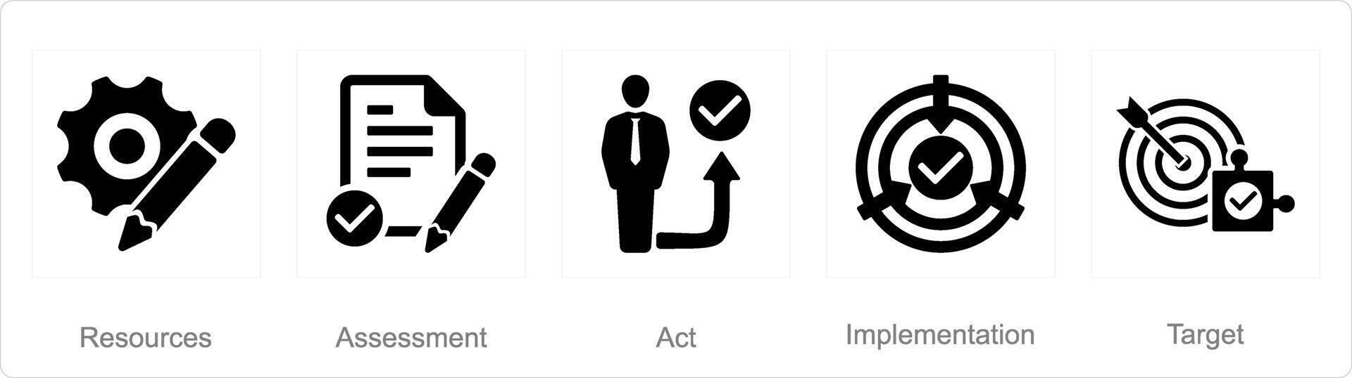 een reeks van 5 actie plan pictogrammen net zo bronnen, beoordeling, handelen vector