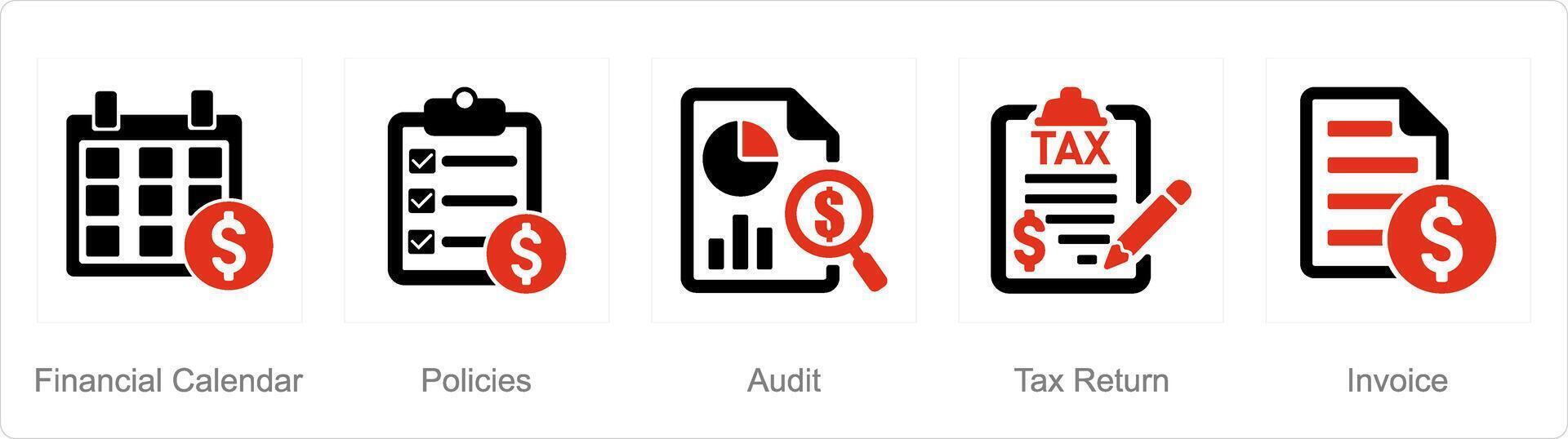 een reeks van 5 accounting pictogrammen net zo financieel kalender, beleid, audit vector