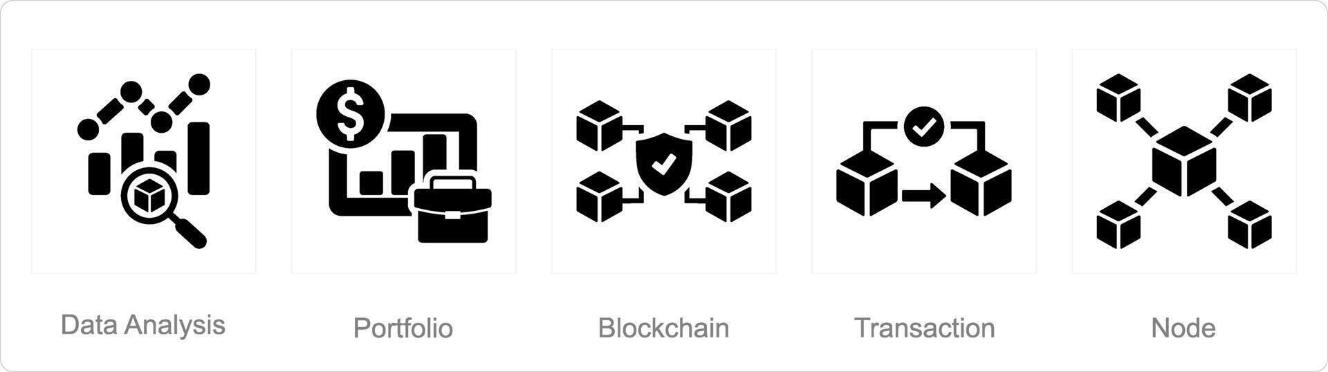 een reeks van 5 blockchain pictogrammen net zo gegevens analyse, portefeuille, blockchain vector