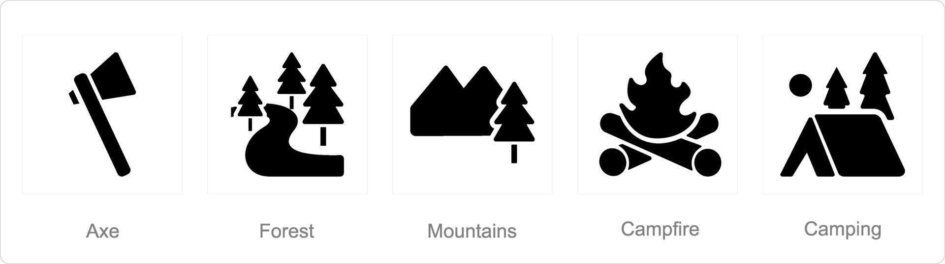 een reeks van 5 avontuur pictogrammen net zo bijl, Woud, bergen vector