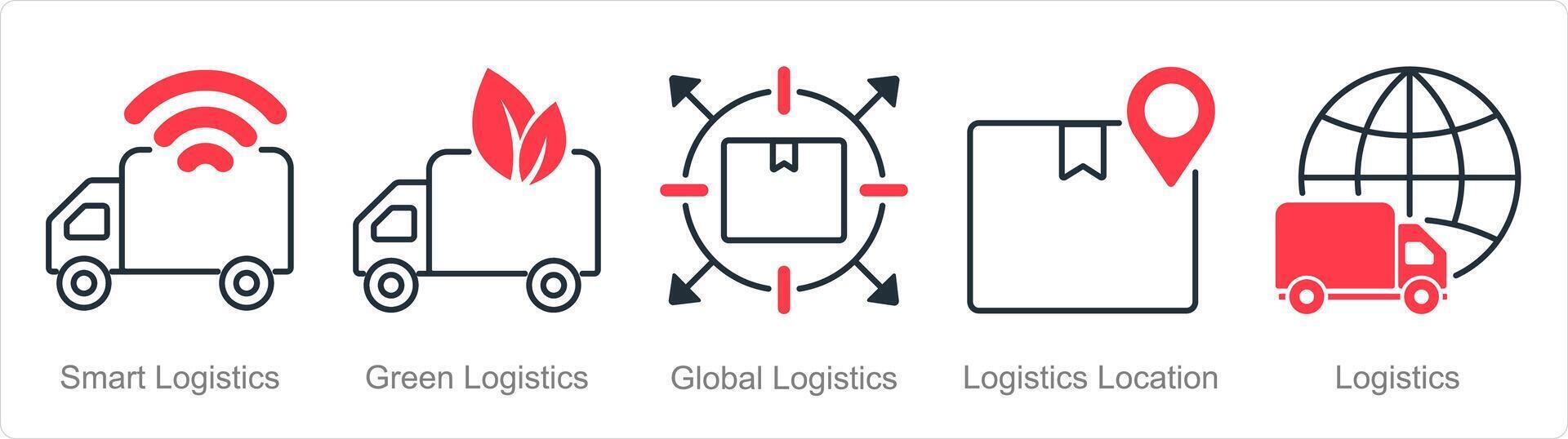 een reeks van 5 logistiek pictogrammen net zo slim logistiek, groen logistiek, globaal logistiek vector