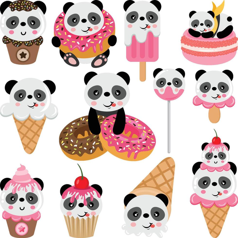 reeks digitaal collage van grappig panda snoep vector