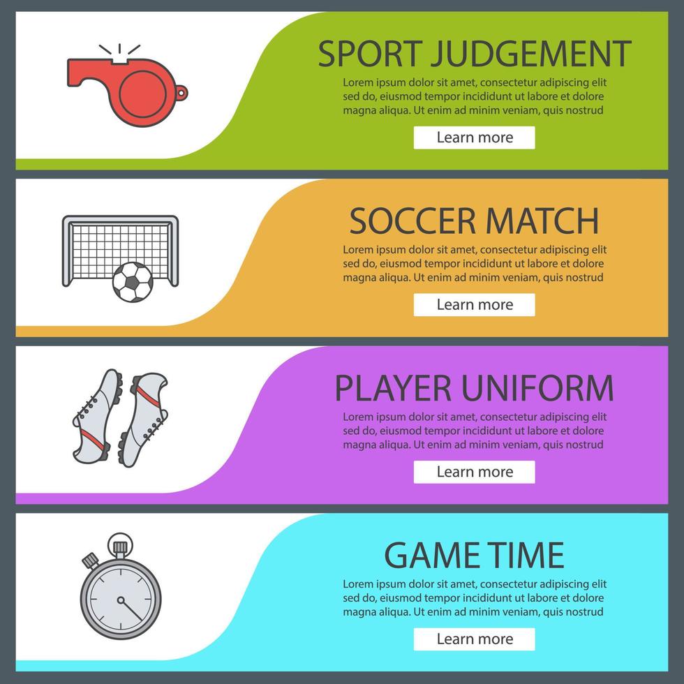 voetbal webbanner sjablonen instellen. fluitje, bal in poorten, laarzen, stopwatch. website kleur menu-items. ontwerpconcepten voor vectorkoppen vector