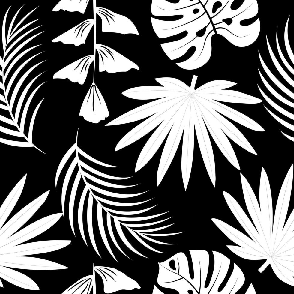 naadloos patroon met hand- getrokken tropisch bladeren Aan zwart achtergrond. vector