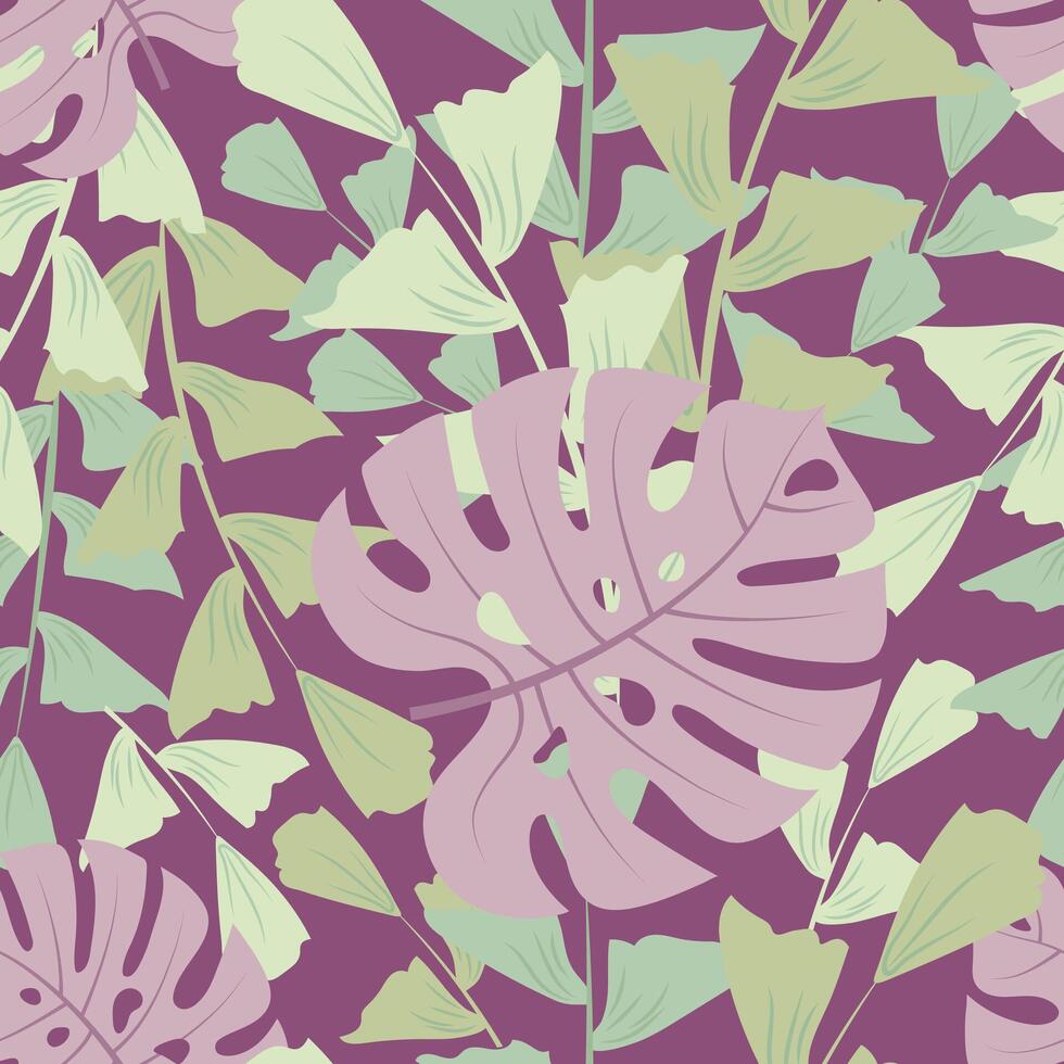 naadloos patroon met hand- getrokken tropisch bladeren Aan Purper achtergrond. vector
