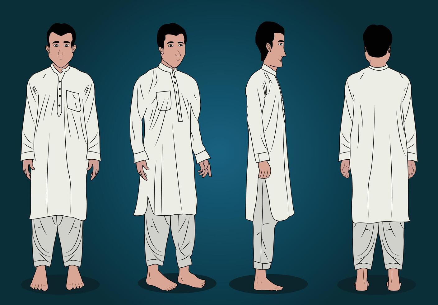 een moslim jongen tekenfilm karakter ontwerp voor 2d animatie verhalen vector