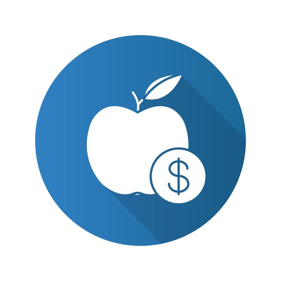 fruit prijs platte ontwerp lange schaduw glyph pictogram. appel met dollarteken. vector silhouet illustratie