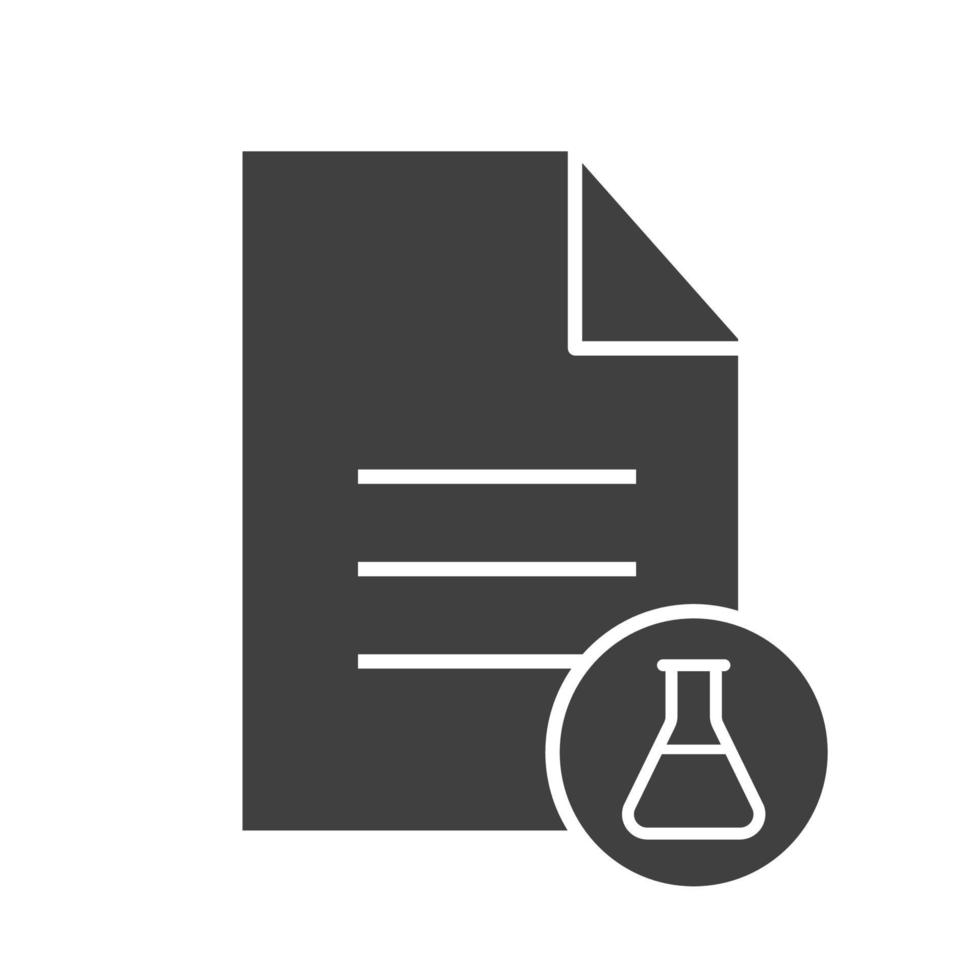 medische testresultaten glyph icoon. silhouet symbool. tekstdocument met laboratoriumfles. negatieve ruimte. vector geïsoleerde illustratie