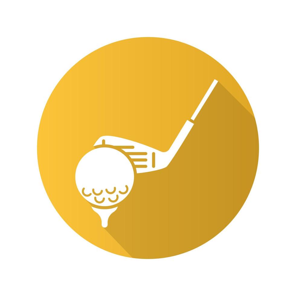 golfbal op tee met club. platte ontwerp lange schaduw glyph pictogram. vector silhouet illustratie