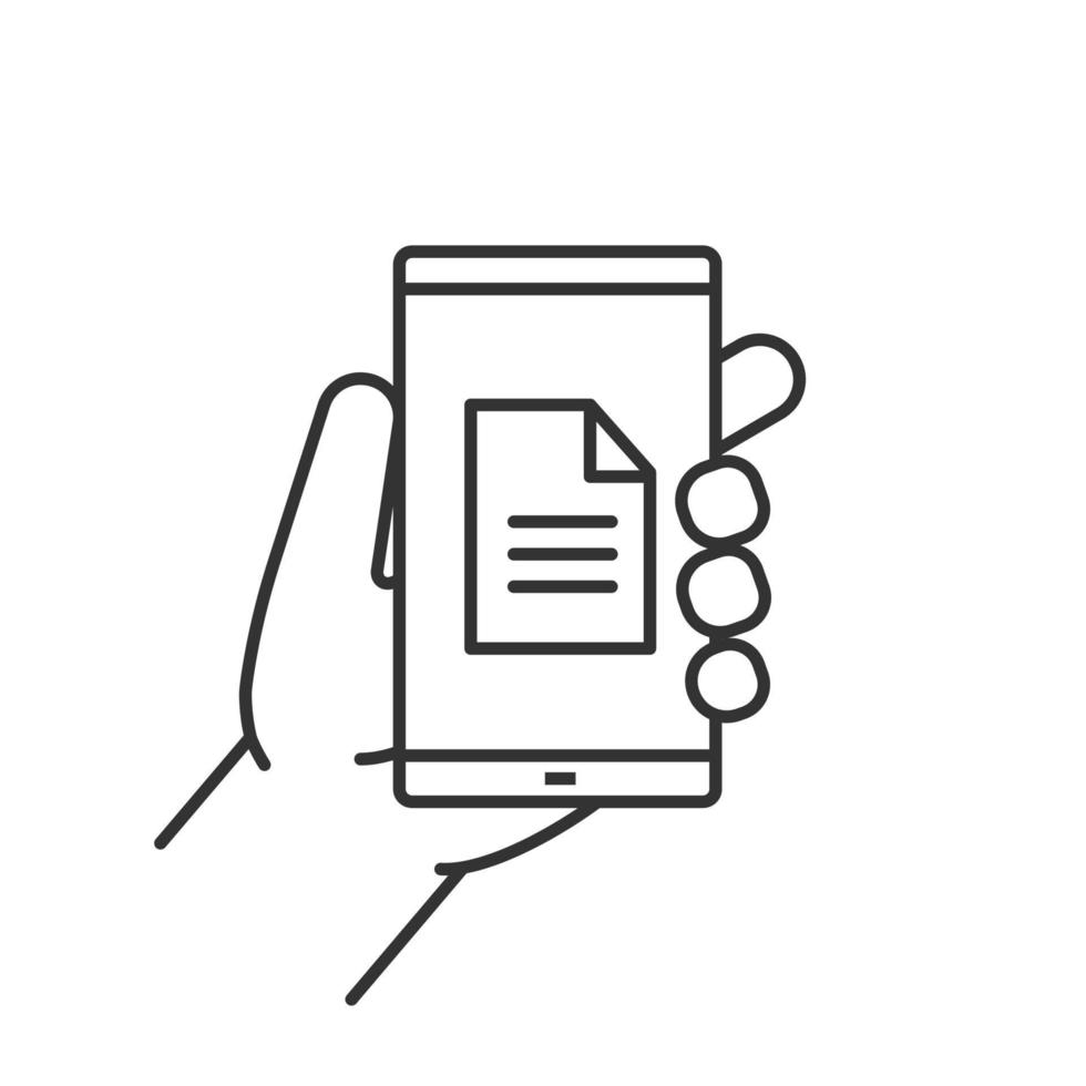 hand met smartphone lineaire pictogram. dunne lijn illustratie. smartphone document contour symbool. vector geïsoleerde overzichtstekening