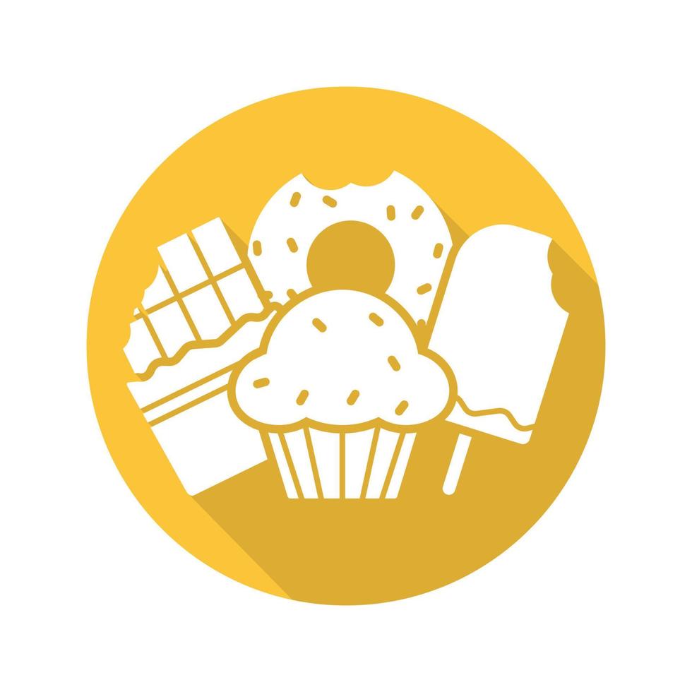 snoep platte ontwerp lange schaduw glyph pictogram. banketbakkerij. chocoladereep, donut, muffin met rozijnen, ijs. vector silhouet illustratie