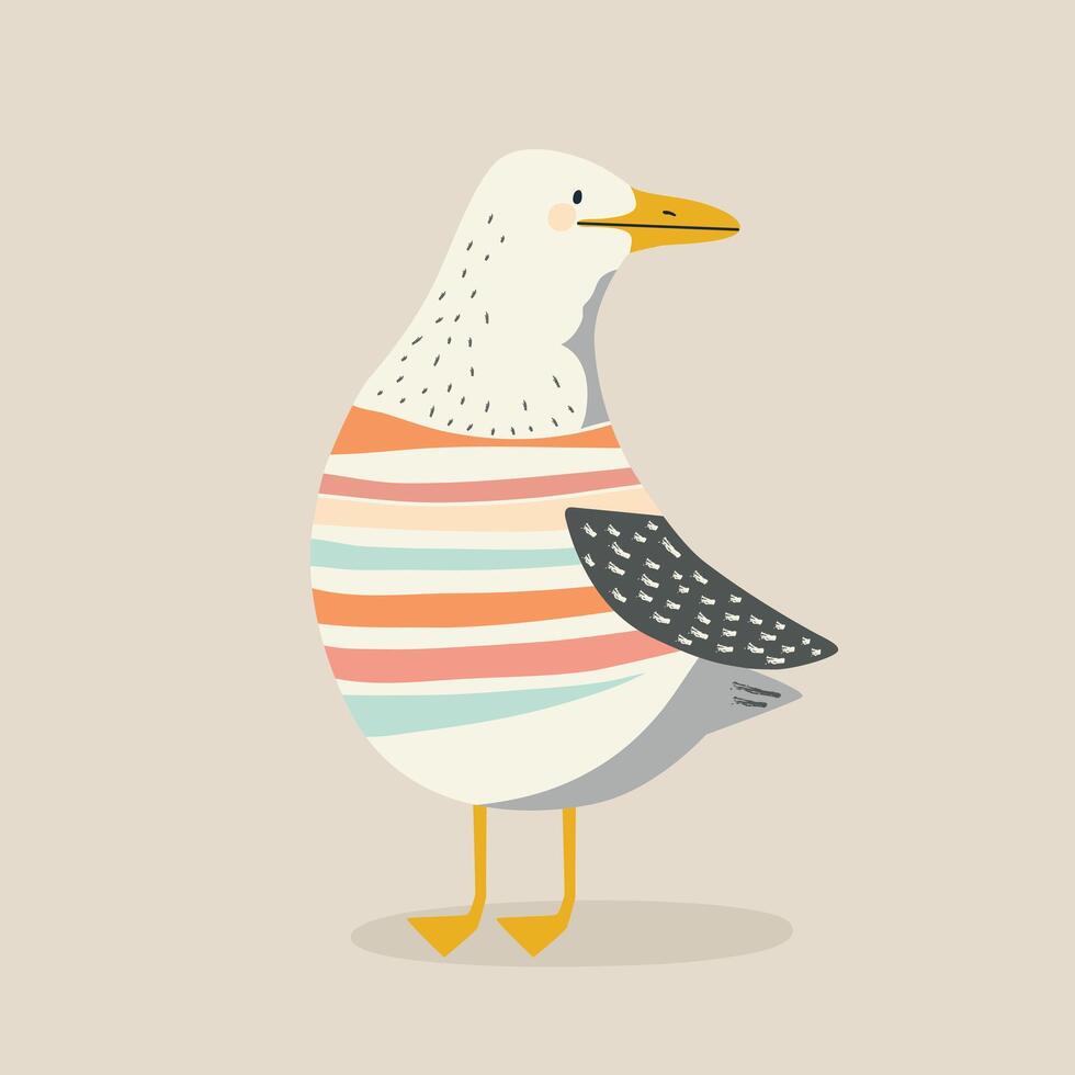 vector illustratie van een schattig meeuw vogel vervelend een gestreept t-shirt, vlak stijl