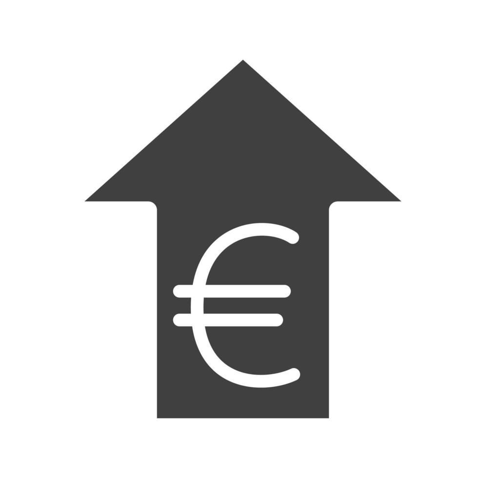 euro koers stijgende glyph icoon. silhouet symbool. munteenheid van de Europese Unie met pijl-omhoog. negatieve ruimte. vector geïsoleerde illustratie