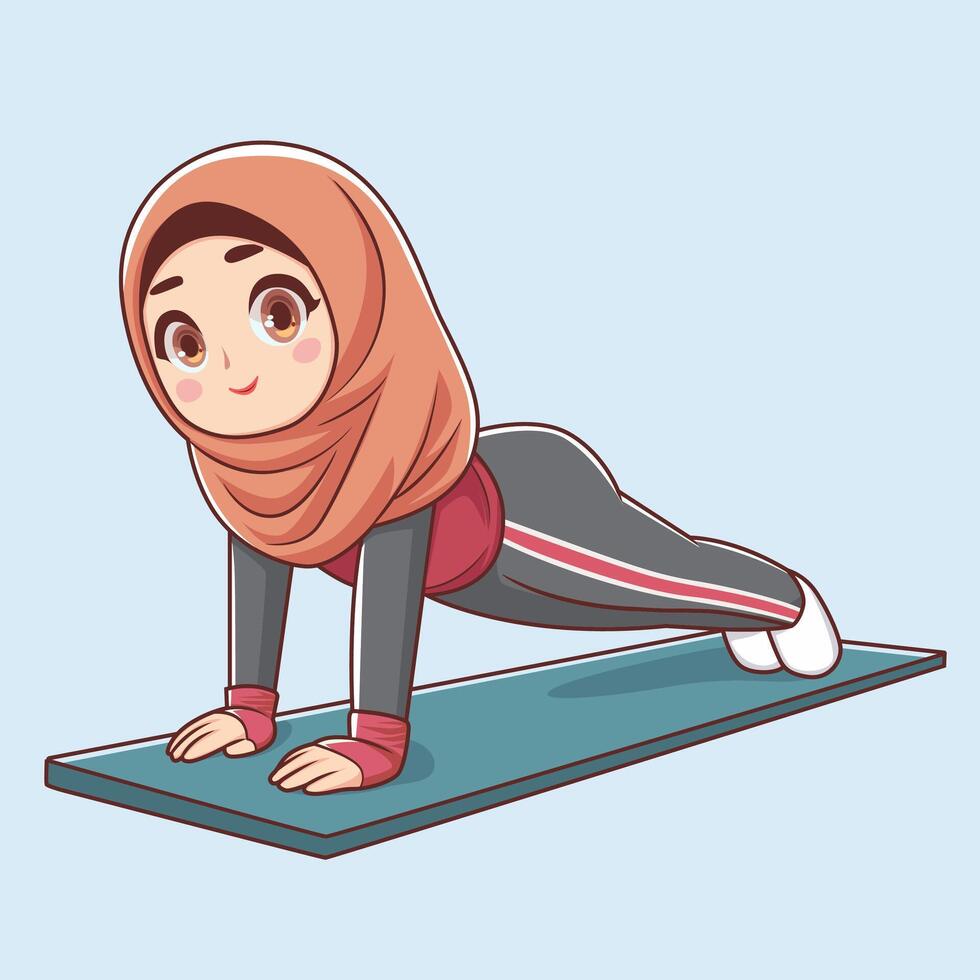 vlak ontwerp illustratie van een vrouw vervelend een hijab aan het doen verdieping Duwen ups in de Sportschool vector
