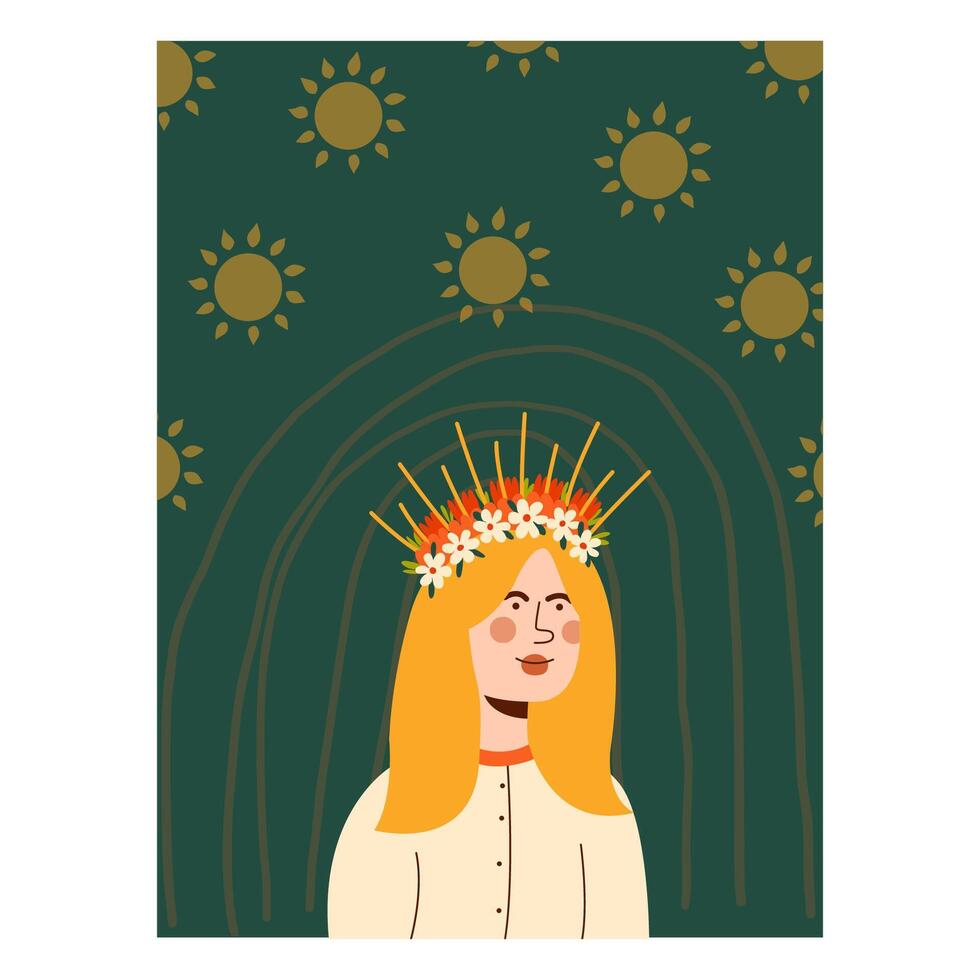 vrouw met bloemen lauwerkrans. zomer zonnewende. gebruikt voor groet kaart, en poster ontwerp. vector