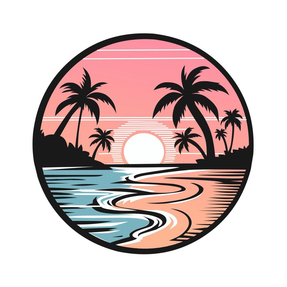 tropisch strand met palm bomen en zonsondergang vector