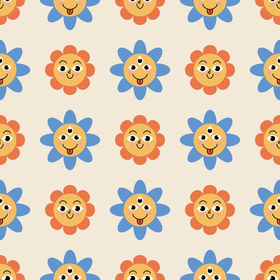 retro bloemen naadloos patroon met tekenfilm bloemen. vector illustratie