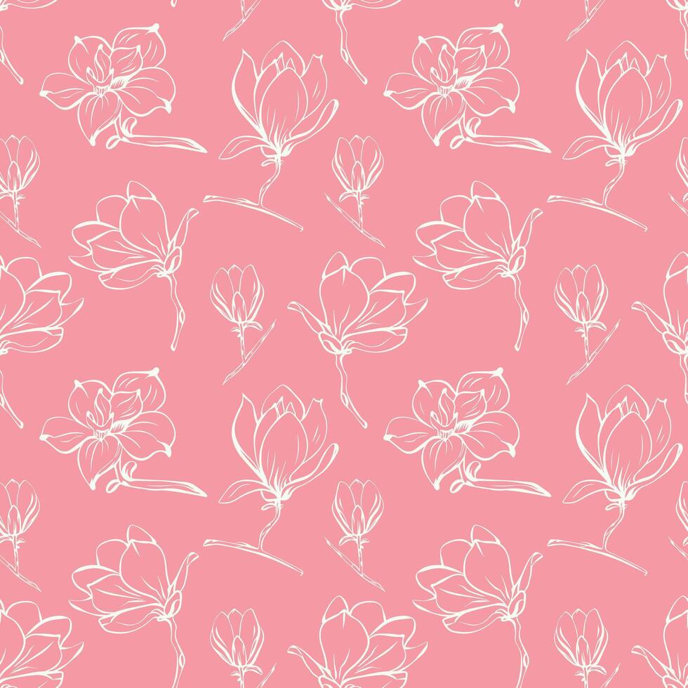 naadloos patroon met voorjaar en zomer bloemen. schets-stijl magnolia patroon, hand getekend Aan roze achtergrond voor uniek ontwerp van verpakking en bloem winkels. vector