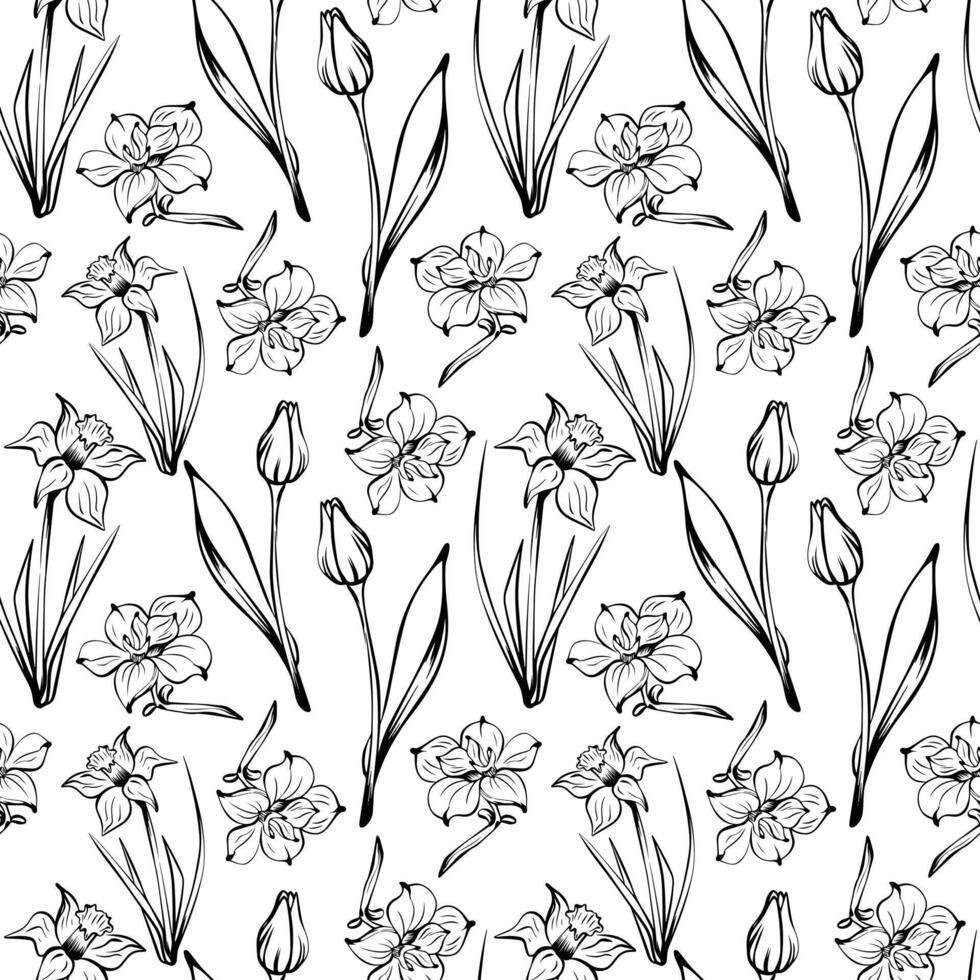 naadloos patroon met zwart en wit kleuren. schets-stijl bloemen patroon, hand getekend Aan wit achtergrond voor uniek verpakking ontwerpen en bloem winkels in wijnoogst stijl. kleur boek vector