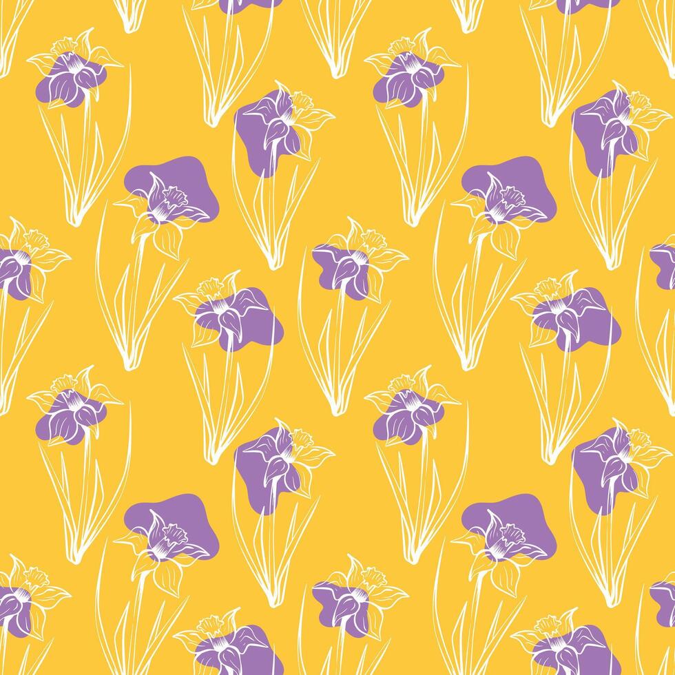 naadloos bloemen patroon in wijnoogst stijl. silhouet van narcis bloem Aan geel achtergrond voor omhulsel papier, achtergrond, textiel. voorjaar en zomer verzameling vector